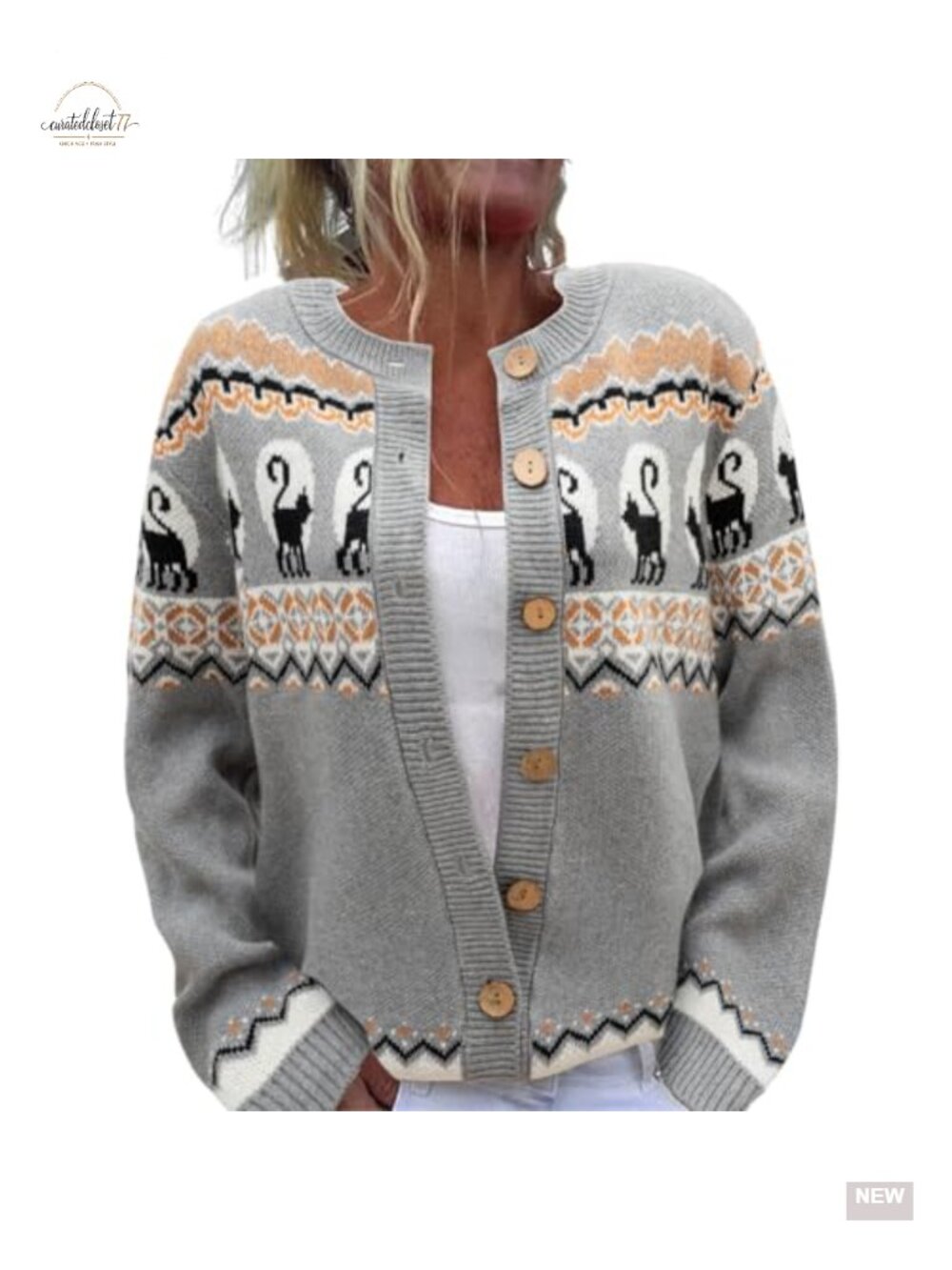 Women's Halloween Cat Graphic Knit Cardigan Sweater Button Down Oversized